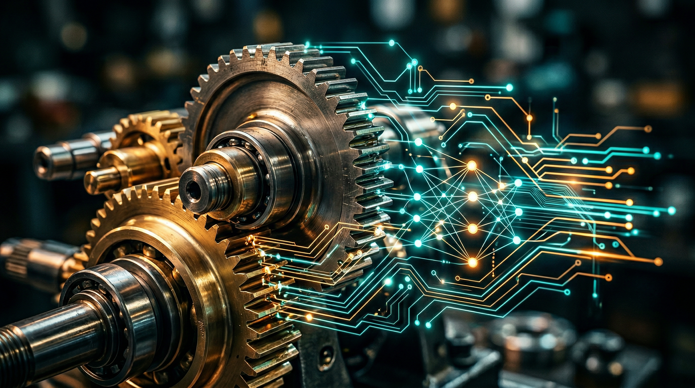 Präzisionszahnräder verschmelzen mit digitalen Schaltkreisen — Symbol für die Verbindung von deutscher Ingenieurskunst und KI